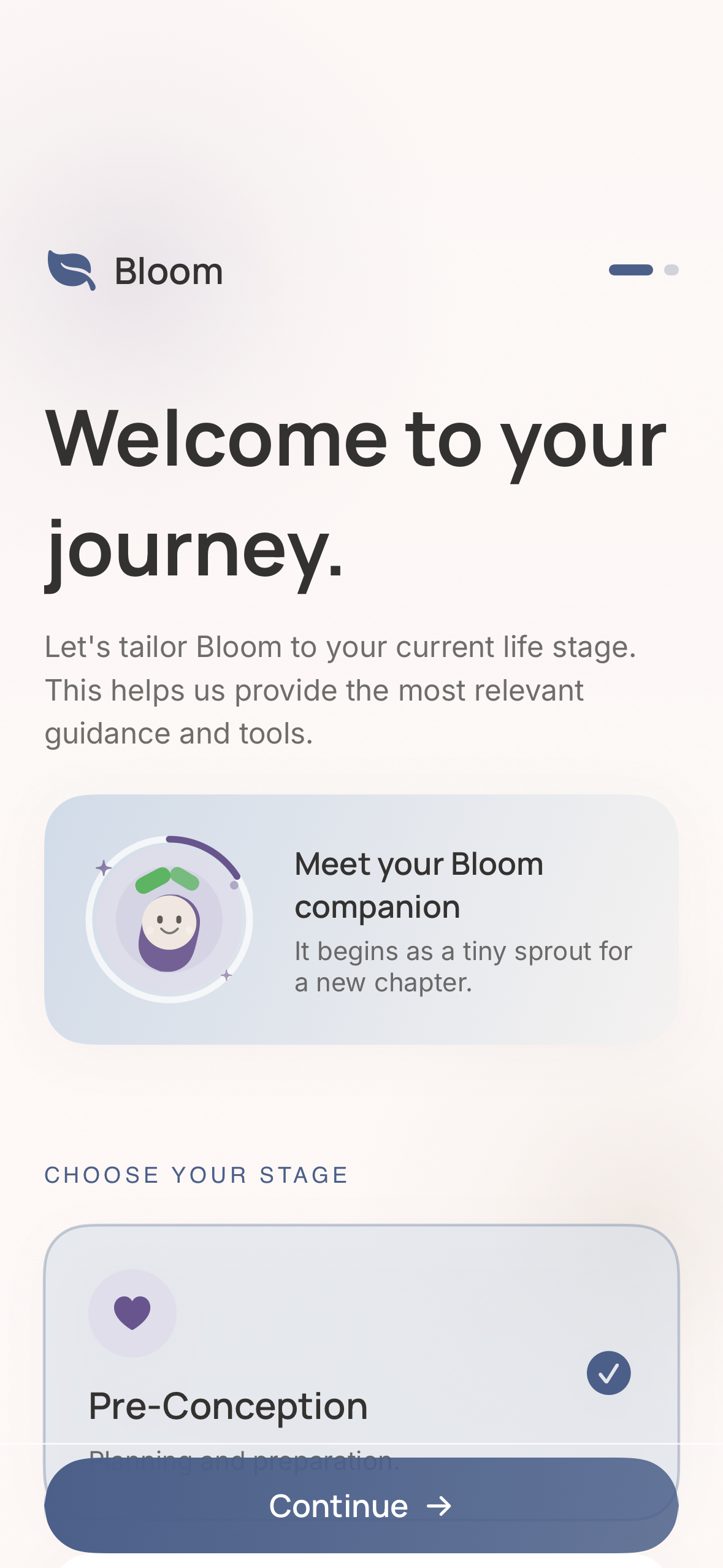 Bloom onboarding showing journey stage choices
